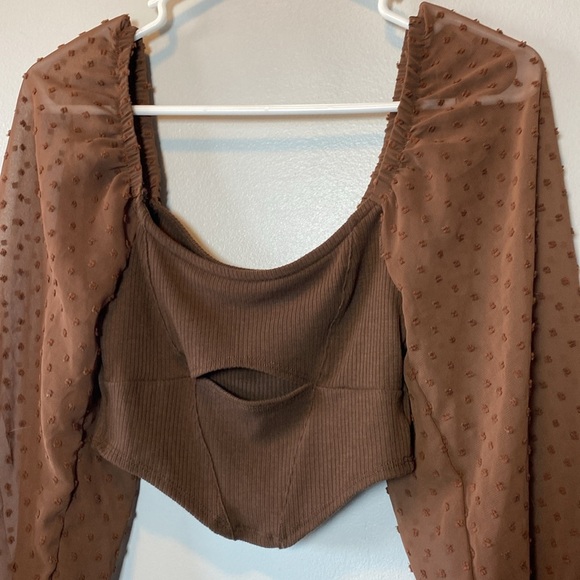 Urban Outfitters Puff Sleeve Blouse Women’s XS Chocolate Brown Cropped Boho Top - Picture 4 of 17